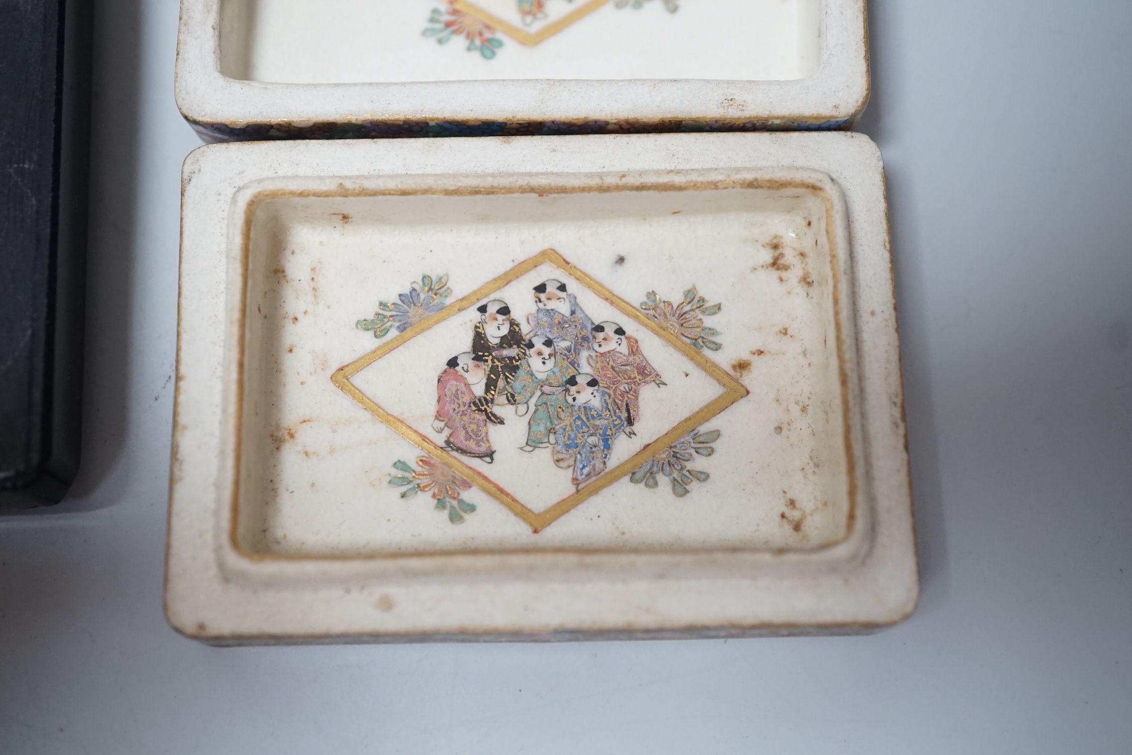 A small Japanese signed Satsuma export dish and cover, of rectangular form, together with a micro-mosaic and inlaid slate desk weight (2) 6.5 x 4.5cm